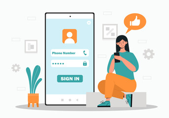 Fototapeta premium Login system concept. Woman with smartphone enters profile or account. Verification and protection of personal data. Young girl enters username and password. Cartoon flat vector illustration