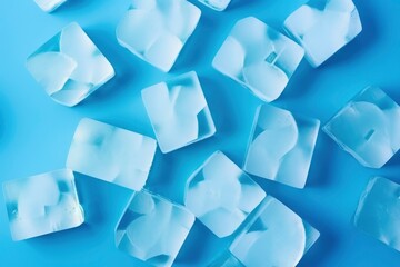 Ice cubes on blue background. Top view. Flat lay. Generative AI