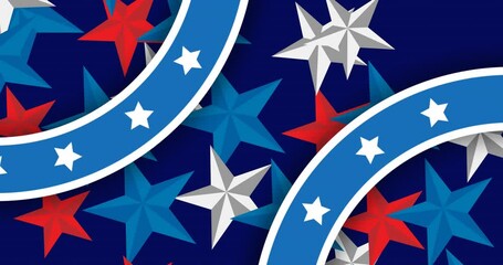 Animation of blue, white and red stars on blue background - Powered by Adobe