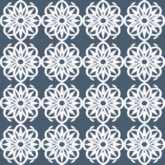 An ornate blue damask pattern with chinoiserie and geometric motifs in symmetrical design on white seamless.