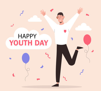 Happy youth day. Man runs near conetti and balloon. Event and party. International holiday and festival. Design element for greeting postcard. Cartoon flat vector illustration