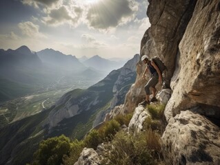 A dedicated rock climber scaling an impressive mountain face shot with a 1635mm wideangle lens no te - obrazy, fototapety, plakaty