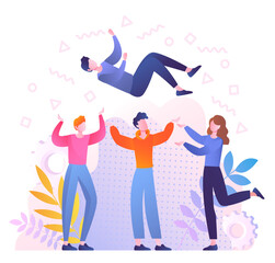 Happy guy with crowd. Colleagues toss man. Metaphor for winner in competition and successful worker or entrepreneur. Positivity and optimism, friendly staff. Cartoon flat vector illustration