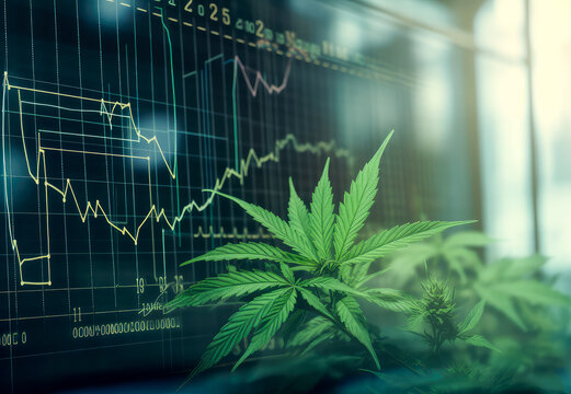 Cannabis business with marijuana leaves and stock graph charts going up, green stock market exchange, Commercial cannabis medicine business , Generative AI Technology