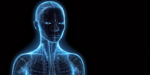 Silhouette of the body of a young beautiful woman close-up, in a matrix or holographic style and on a dark background. Generative AI
