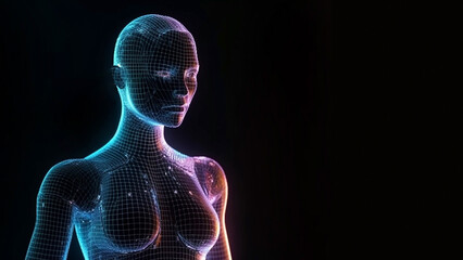 Naklejka premium Silhouette of the body of a young beautiful woman close-up, in a matrix or holographic style and on a dark background. Generative AI