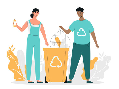 People throw away garbage. Man and woman near trash can. Young couple clean up area. Caring for nature, environment and ecology, zero waste. Recycle and reuse. Cartoon flat vector illustration