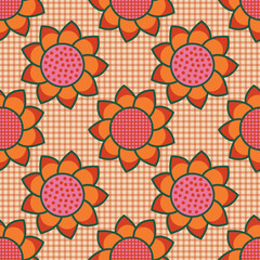 Retro inspired floral gingham seamless vector pattern. Large, bold flowers on a yellow and orange checkered background. Modern vintage style design. Repeat backdrop texture print.