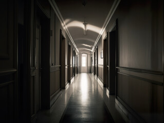 Fototapeta na wymiar A long hallway with a light at the end of it. AI generative.