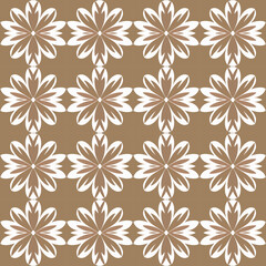 Symmetrical, art deco-inspired vector pattern with white and brown marigold flowers repeating seamlessly.