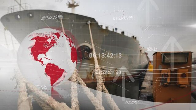 Animation of financial data processing and globe over shipyard
