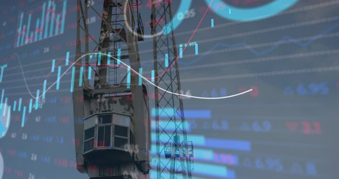 Animation of financial data processing over crane in shipyard