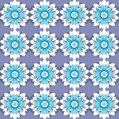Dark blue background filled with repeating flowery motif in white and pastel shades, creating playful.