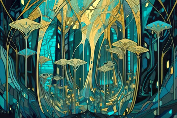 Magic mushrooms, decorative symmetrical golden green pattern, vibrant turquoise with golden leaf finish, AI generative tribal digital illustration