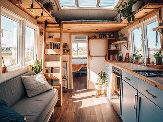 A bright and spacious tiny home interior complete with multifunctional furnishings shot with a 35mm  - obrazy, fototapety, plakaty