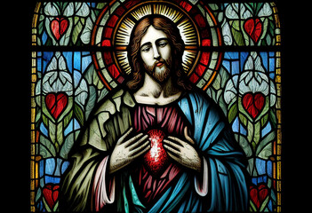 Fototapeta na wymiar Merciful Jesus with a heart in the style of a church stained glass window, generative AI
