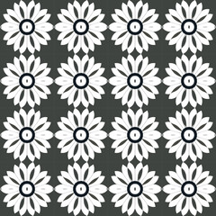 Black and white detailed repeating pop art flower pattern on gray background is sophisticated and playful.