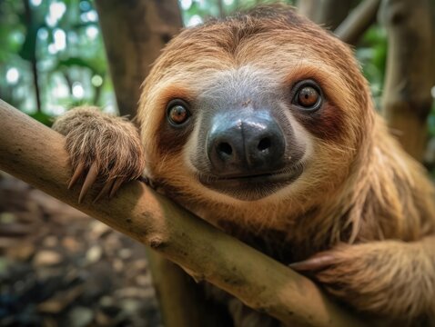 A friendly sloth hanging from a tree branch ideal for promoting relaxation or cozy products no text 