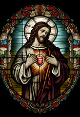 Fototapeta premium Merciful Jesus with a heart in the style of a church stained glass window, generative AI