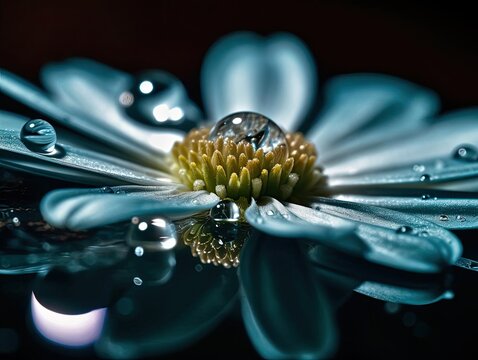 A captivating and minimalist image of a single raindrop suspended on a delicate flower petal taken w