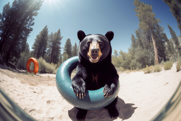 Smiling Black Bear tubing on a river in the summer, fisheye lens, Generative AI