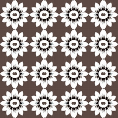 Fototapeta na wymiar Serene and joyful sunflower pattern in black and white with crystallic motifs on brown background, suitable.
