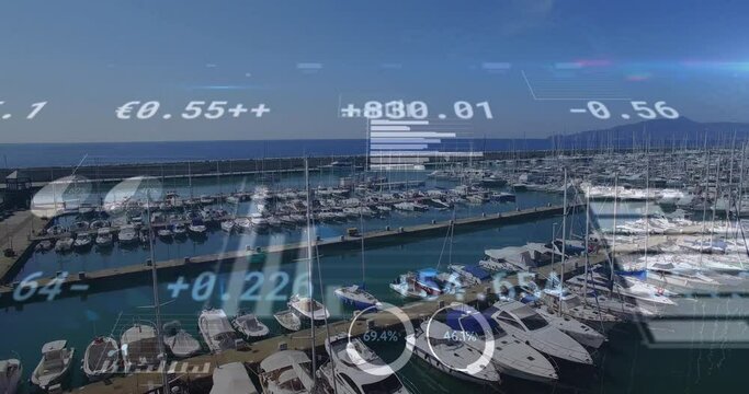 Animation of financial data processing over yachts in port