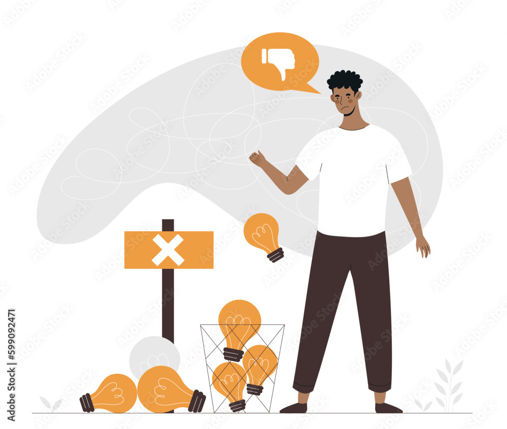 Aufkleber concept rejected idea. disgruntled man throws out light bulbs. brainstorming and trying to find insp