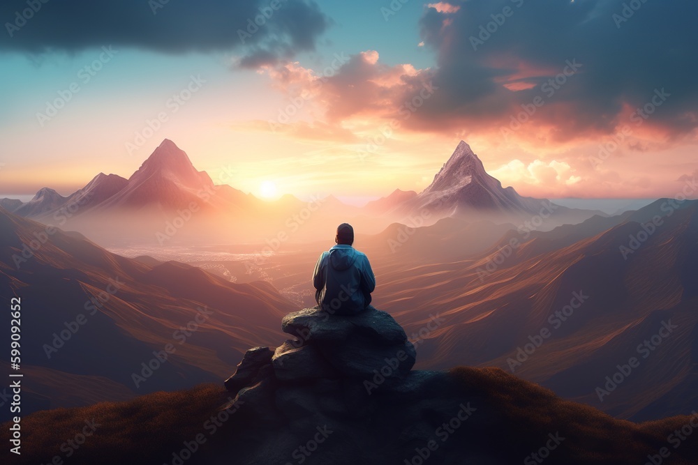 Aufkleber a guy enjoying the view from the peak of a mountain as the sun sets. generative ai