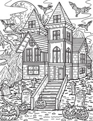 Halloween Haunted House Coloring Page for Adults Generative AI