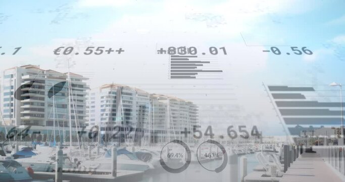 Animation of financial data processing over yachts in port
