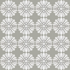 Fototapeta na wymiar Gray and white damask floral pattern with art deco symmetry and chrysanthemum motifs, ideal for feminine.