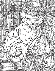 Halloween Cat with Hat Coloring Page for Adults Generative AI