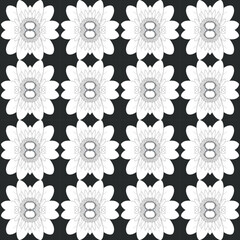 Modern and whimsical floral seamless repeating pattern with detailed patterns in pop art style on black.