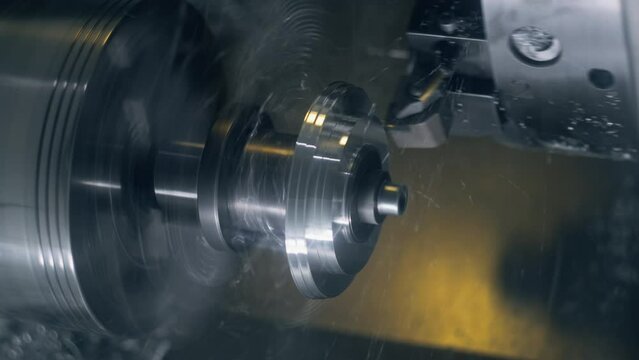 Close up shot of turning milling combine machine cutting metal workpiece. Lathe with computer numerical control technology. Professional manufacturing equipment. Concept of cinema lenses Generative AI