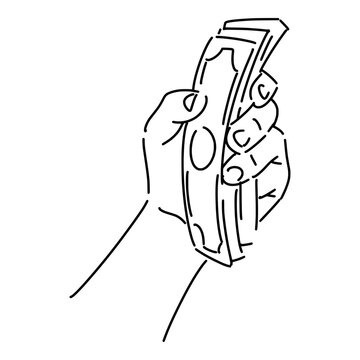recommend clip art: hand holding a wad of money in line art, sketch style. isolated on white background. hand drawn vector illustration.