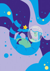 Mapache estronauta en el espacio color azul y estrella © SofiaMartina