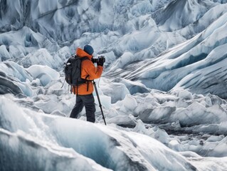 An ambitious traveler scaling an icy mountain captured with a 70200mm telephoto lens no text photogr - obrazy, fototapety, plakaty