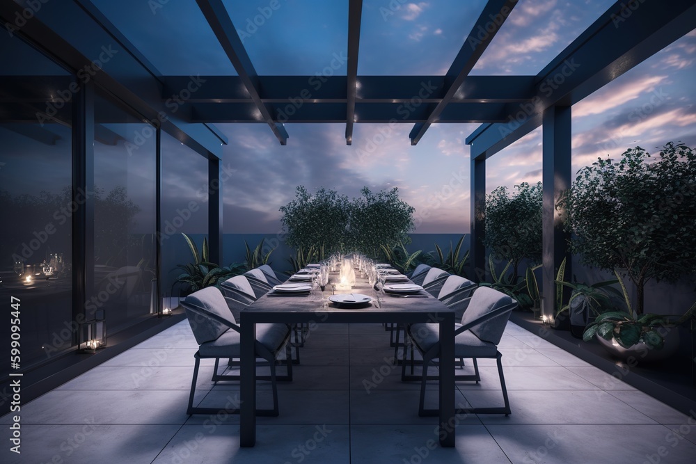 Poster a dining area that has a long table and a number of chairs generative ai