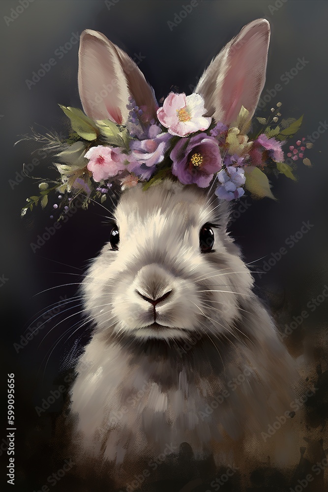 Poster an artwork showing a rabbit with a flower crown on its head generative ai