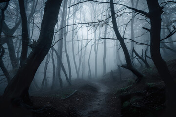 A path through a dark forest in the fog. AI generative image, spooky Halloween background.