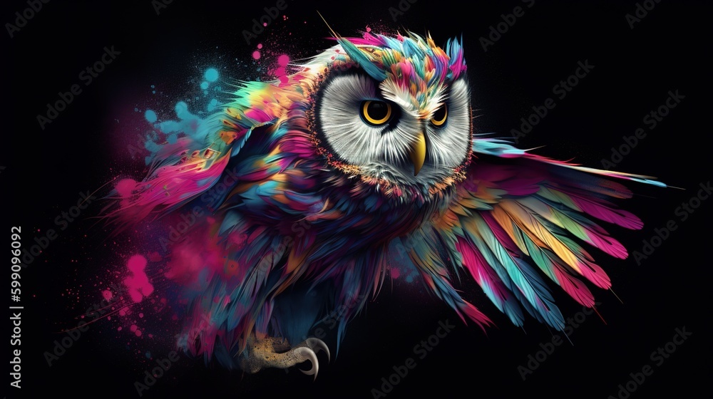 Poster a multicolored owl that is set on a black backdrop. generative ai