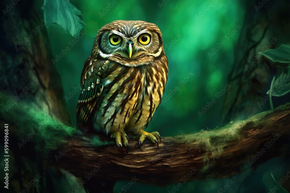 Poster an artwork depicting an owl perched on a limb of a tree generative ai