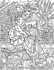 Fototapeta na wymiar Halloween Witch with Cat Coloring Page for Adults Generative AI