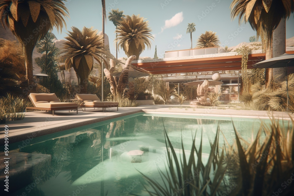 Poster a home complete with a swimming pool and palm trees all around it generative ai