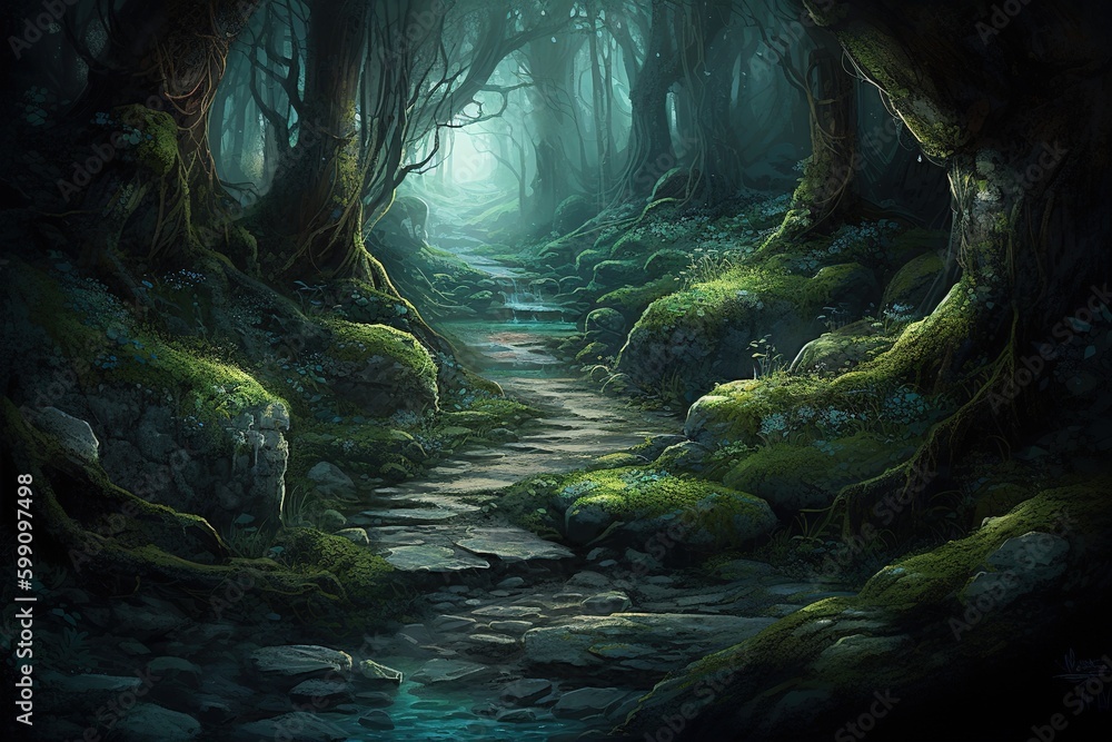 Poster a picture depicting a wooded area that has a river snaking its way through it generative ai