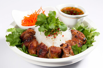 Bun Cha, a Vietnamese AI generative dish featuring grilled pork served with vermicelli noodles, herbs, and a fish sauce - obrazy, fototapety, plakaty
