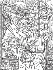 Halloween Wizard Coloring Page for Adults Generative AI