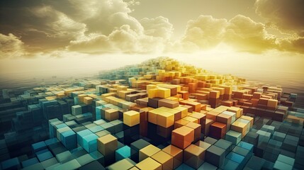 Abstract art. Colorful Cubes and Trees Create Abstract Cities with Natural Elements, Mountains, Clouds and Sky