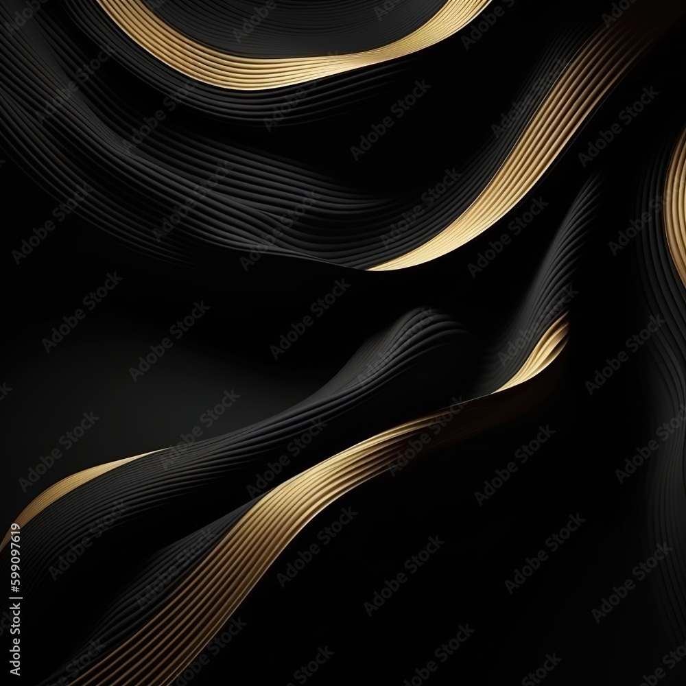 Poster the background is a black luxurious cloth with golden waves patterns. a modern backdrop. generative 